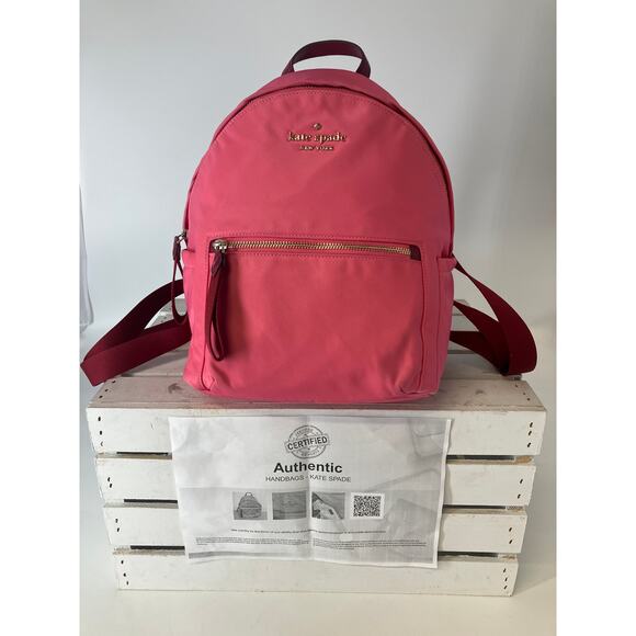 KATE SPADE, SMALL PINK AND MAROON NYLON BACKPACK WITH POCKET - Picture 1 of 16